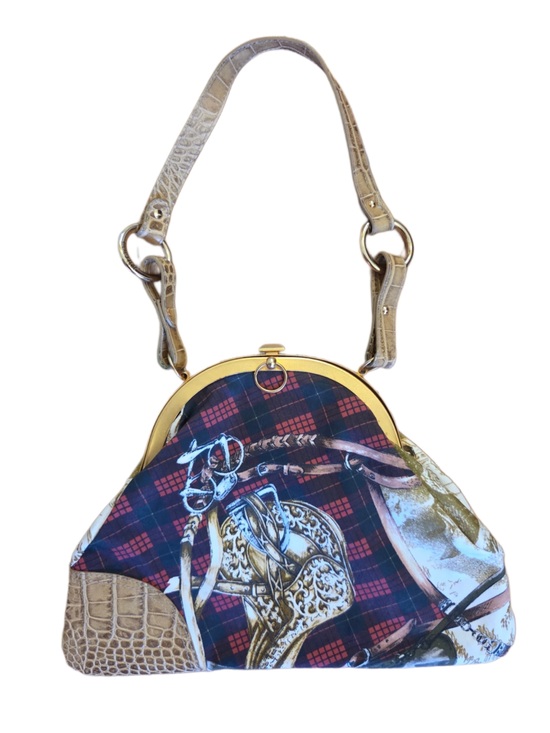 Just Cavalli Handbags - Just Cavalli Gold-Trim Plaid Equestrian Print Top-Handle Bag Shoulder Bag!